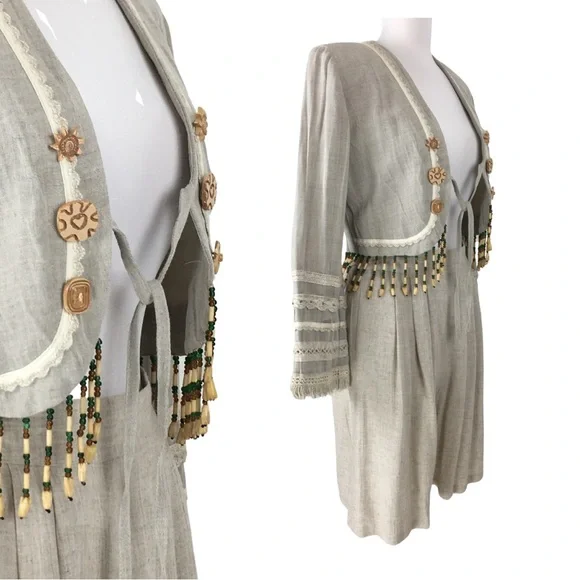 Vintage Sue Wong Linen 2 Piece Suit Jacket Gauchos Linen Wooden Beads size Small - Picture 3 of 16